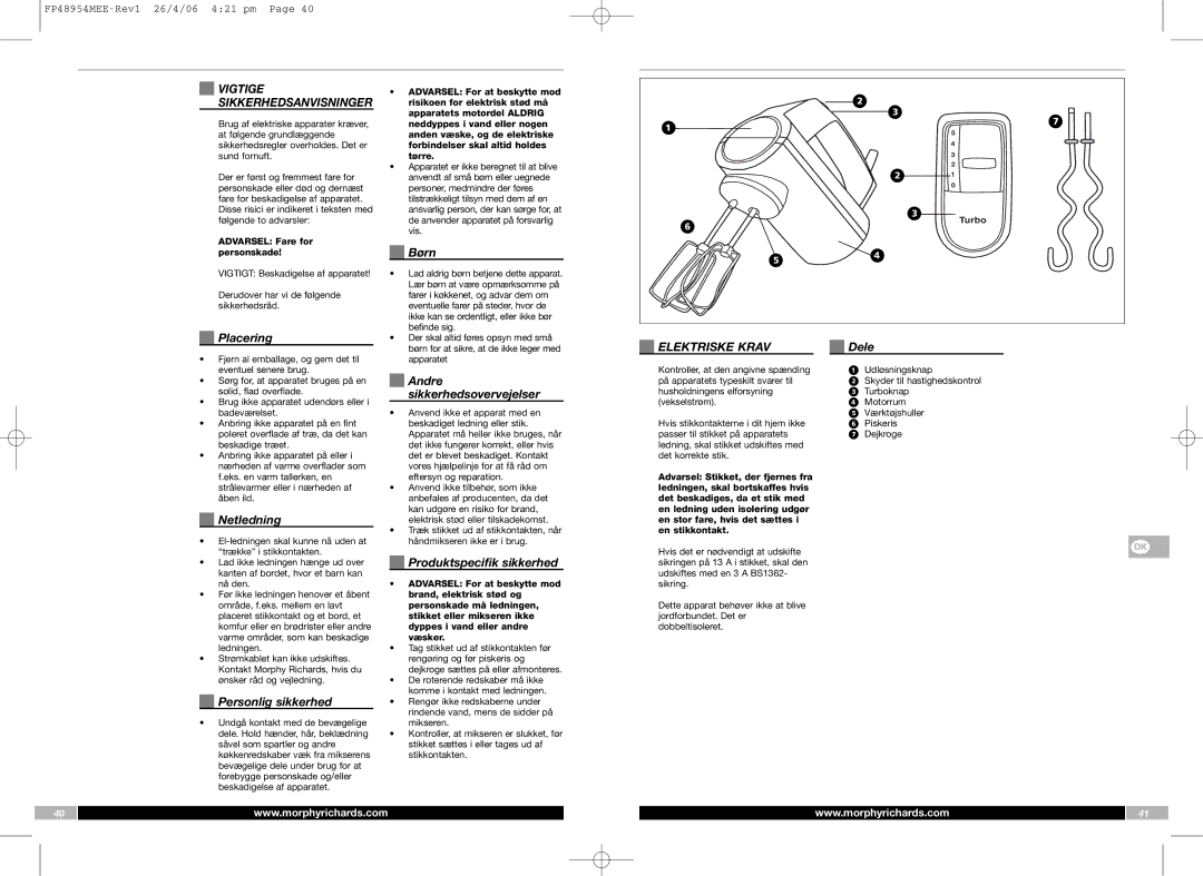 Morphy Richards FP48954MEE manual Elektriske Krav 