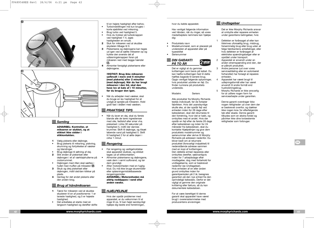 Morphy Richards FP48954MEE manual Praktiske Tips, DIN Garanti, PÅ to ÅR, Hjælpelinje 