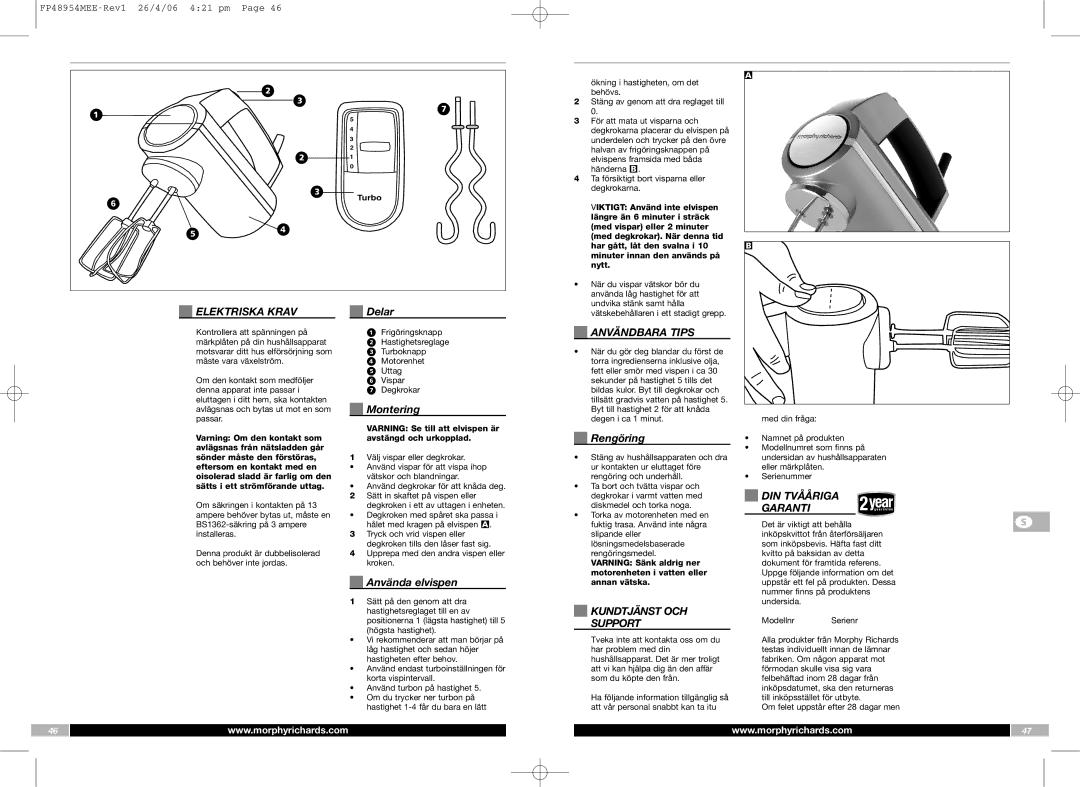 Morphy Richards FP48954MEE manual Elektriska Krav, Användbara Tips, DIN Tvååriga, Garanti, Kundtjänst OCH Support 