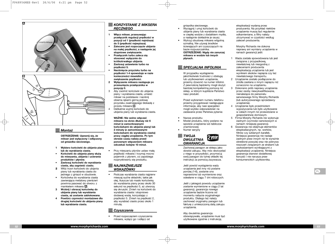 Morphy Richards FP48954MEE manual Korzystanie Z Miksera Ręcznego, Najważniejsze Wskazówki, Specjalna Infolinia 