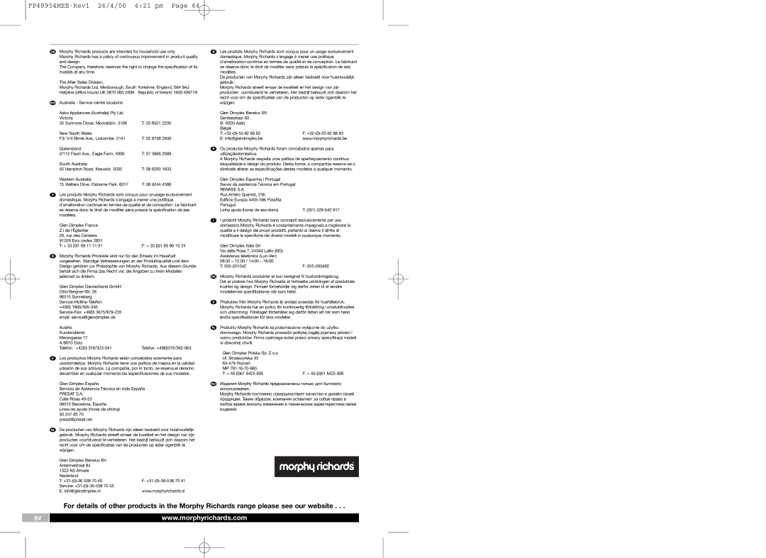 Morphy Richards FP48954MEE manual New South Wales F3/ 3-9 Birnie Ave., Lidcombe 