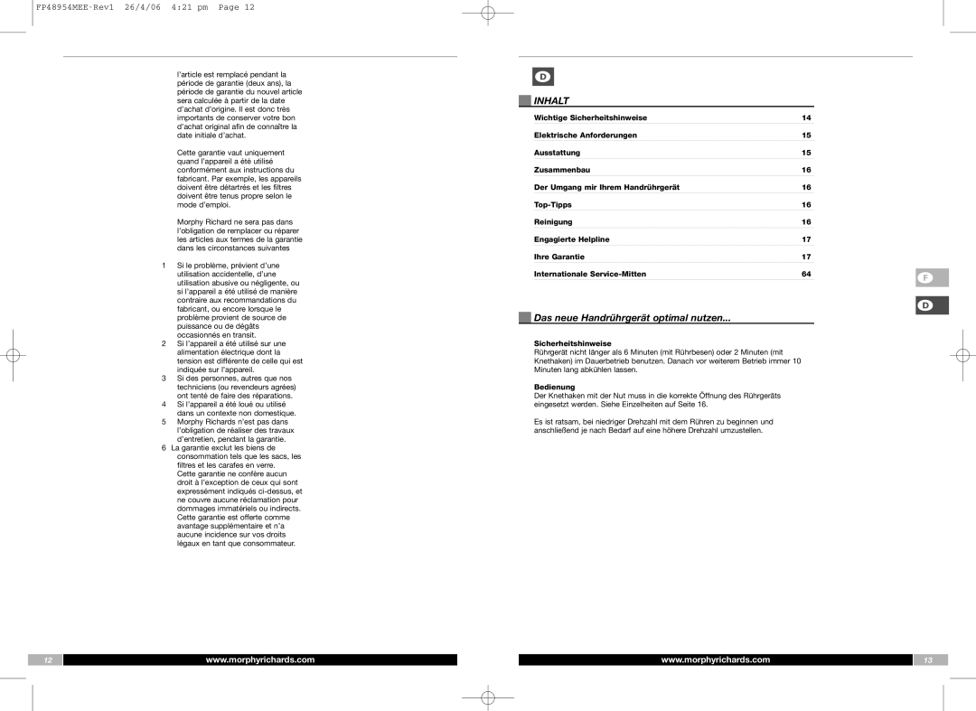 Morphy Richards FP48954MEE manual Inhalt, Das neue Handrührgerät optimal nutzen, Sicherheitshinweise, Bedienung 