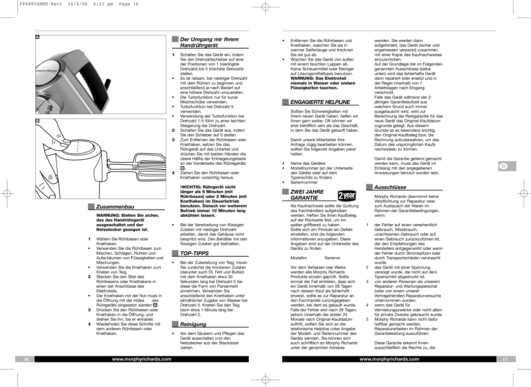 Morphy Richards FP48954MEE manual Engagierte Helpline, Top-Tipps, Zwei Jahre, Garantie 