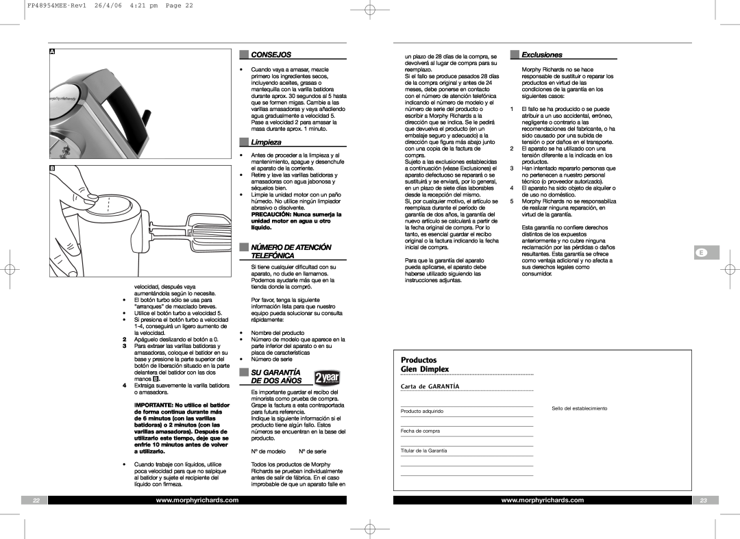 Morphy Richards FP48954MEE manual Productos Glen Dimplex, Consejos, Limpieza, Número De Atención Telefónica, Exclusiones 