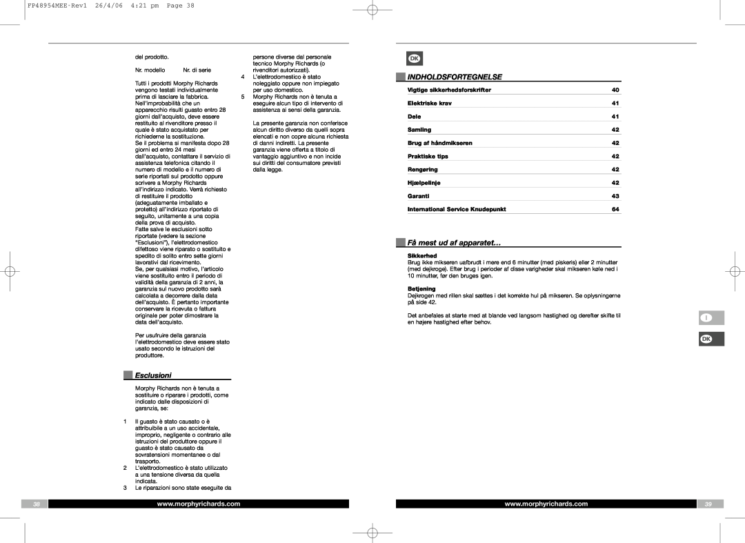 Morphy Richards manual Esclusioni, Indholdsfortegnelse, Få mest ud af apparatet…, FP48954MEE-Rev126/4/06 4 21 pm Page 