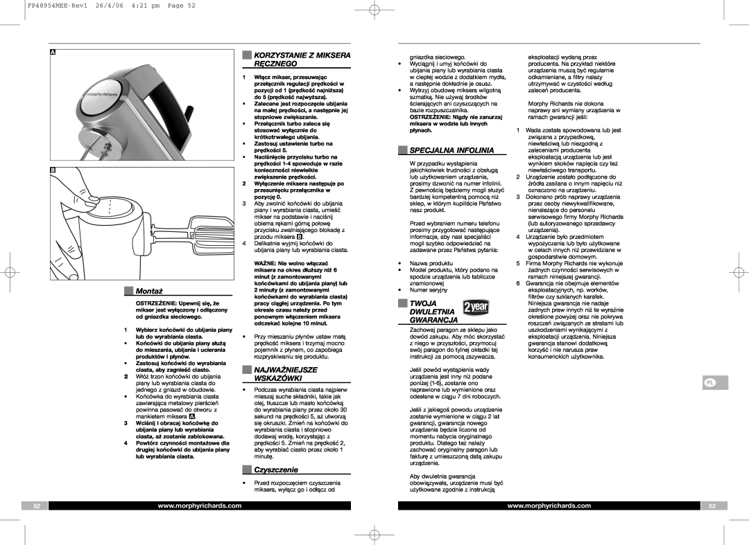 Morphy Richards FP48954MEE manual Montaż, Korzystanie Z Miksera Ręcznego, Najważniejsze Wskazówki, Specjalna Infolinia 