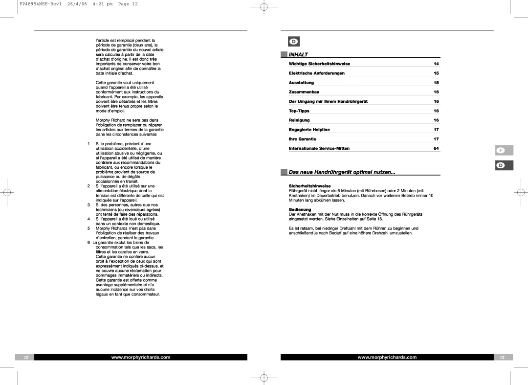Morphy Richards manual Inhalt, Das neue Handrührgerät optimal nutzen, FP48954MEE-Rev126/4/06 4:21 pm Page 