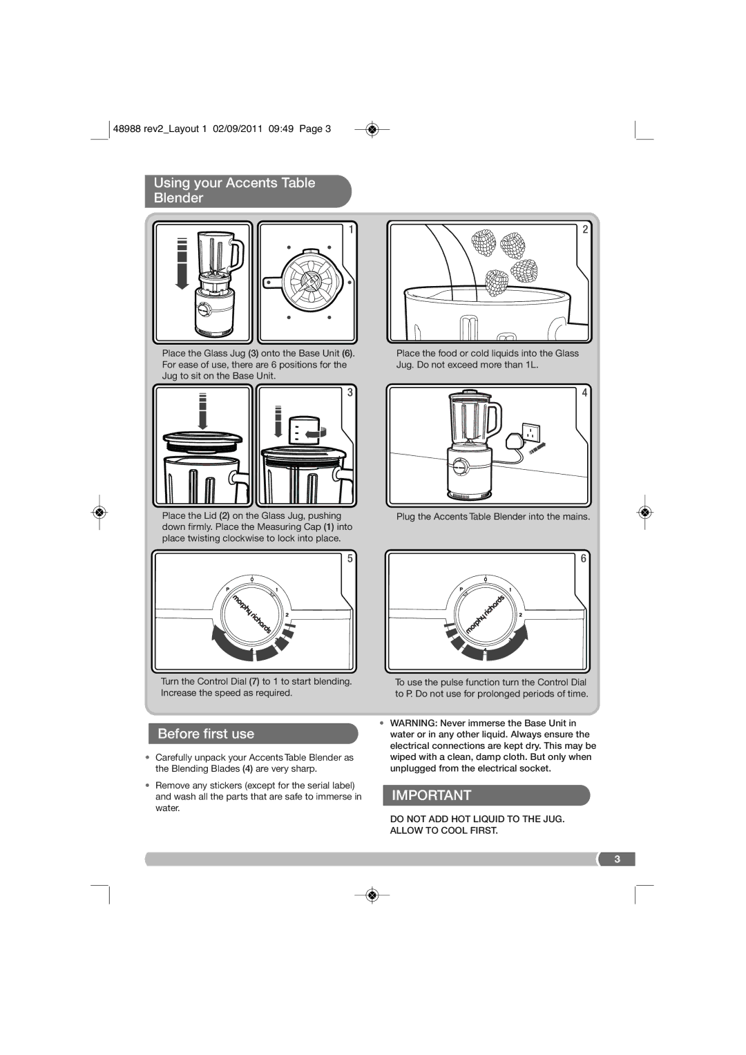 Morphy Richards FP48988 manual Using your Accents Table Blender, Before first use 