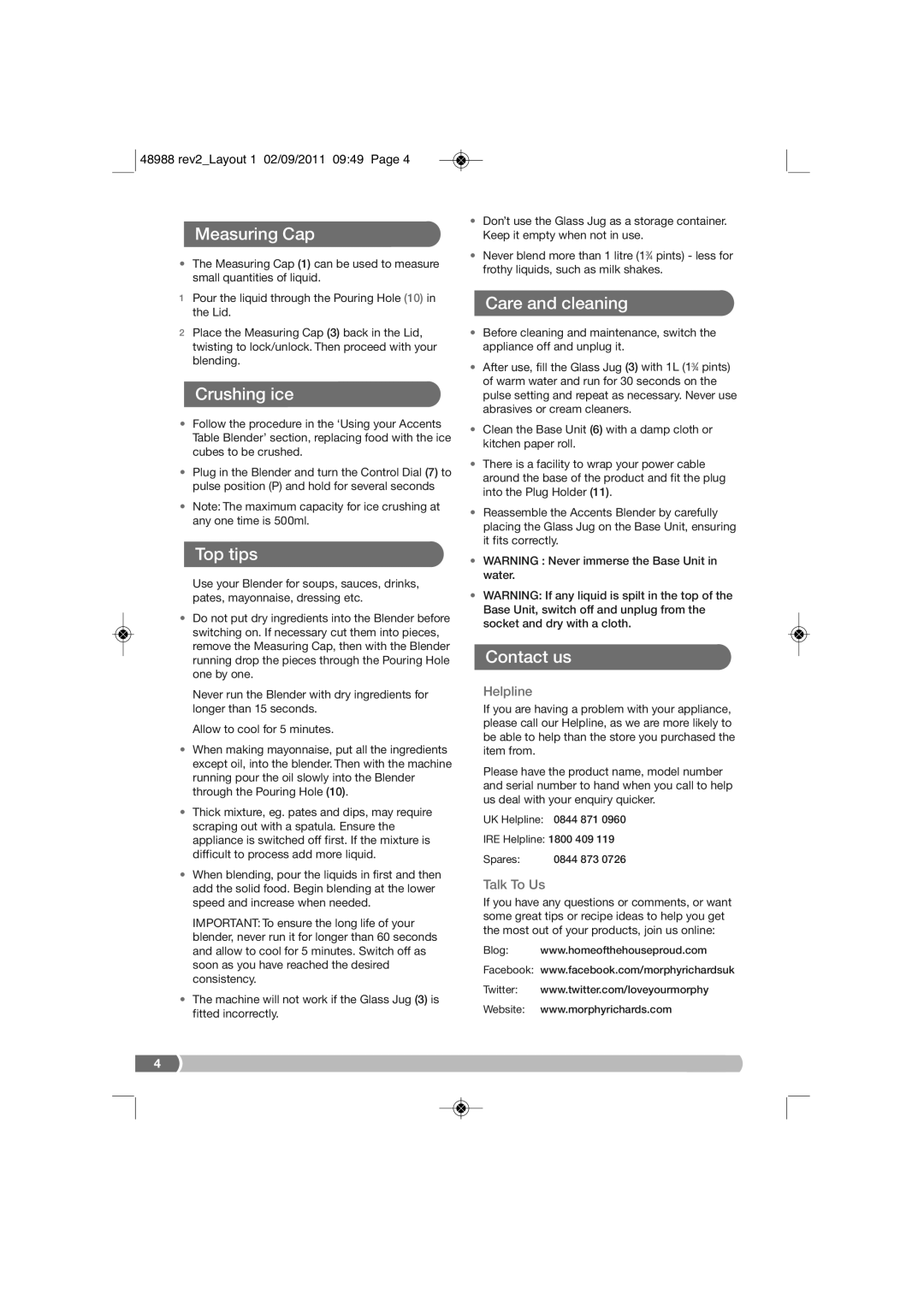 Morphy Richards FP48988 manual Measuring Cap, Crushing ice, Top tips, Care and cleaning, Contact us 