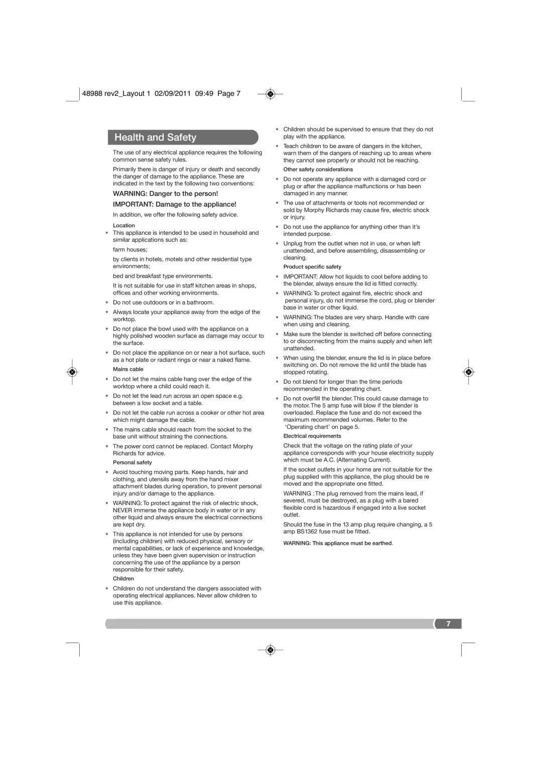 Morphy Richards FP48988 manual Health and Safety, Important Damage to the appliance 