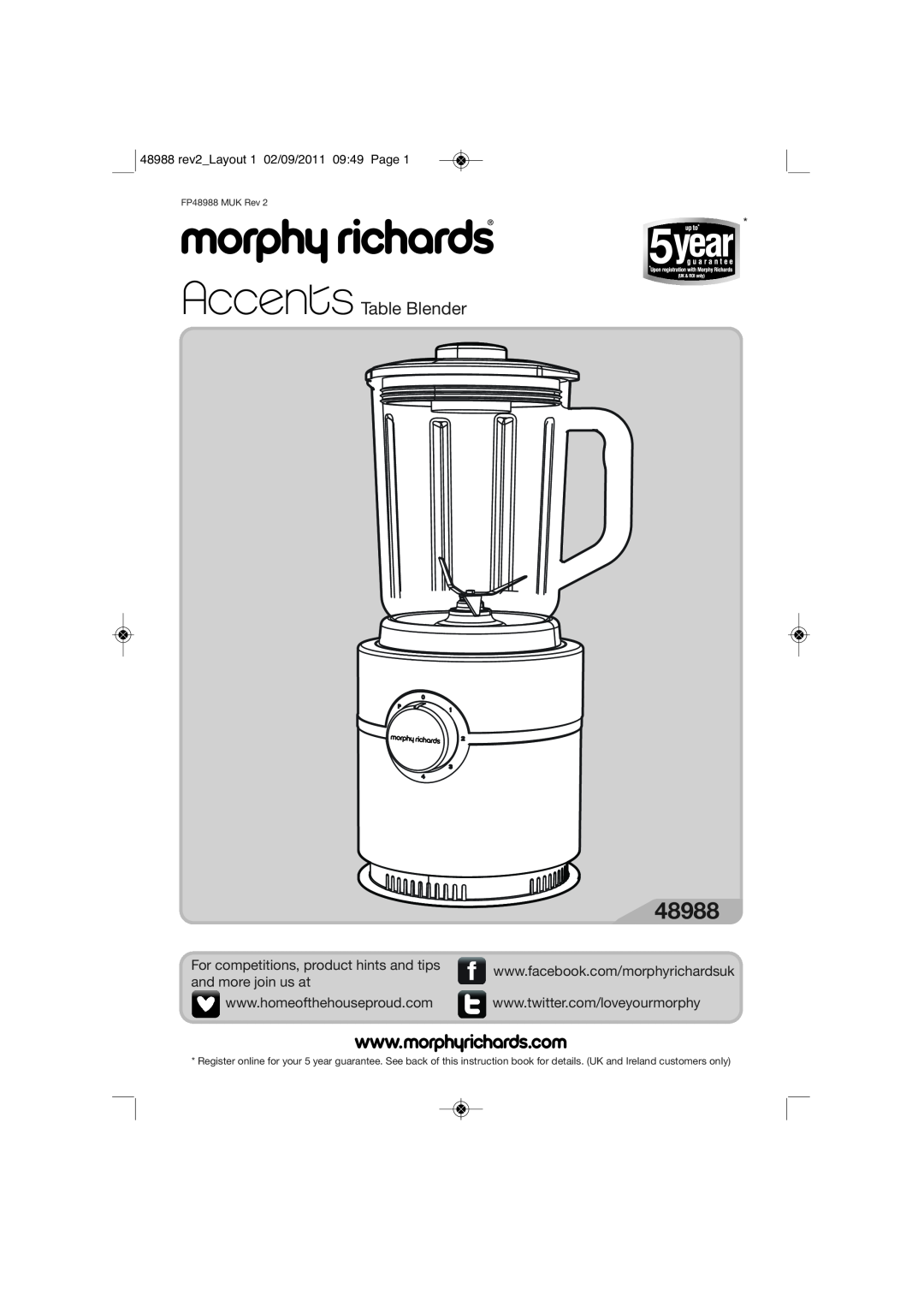 Morphy Richards FP48988 manual 48988 rev2Layout 1 02/09/2011 0949 Page, Table Blender 