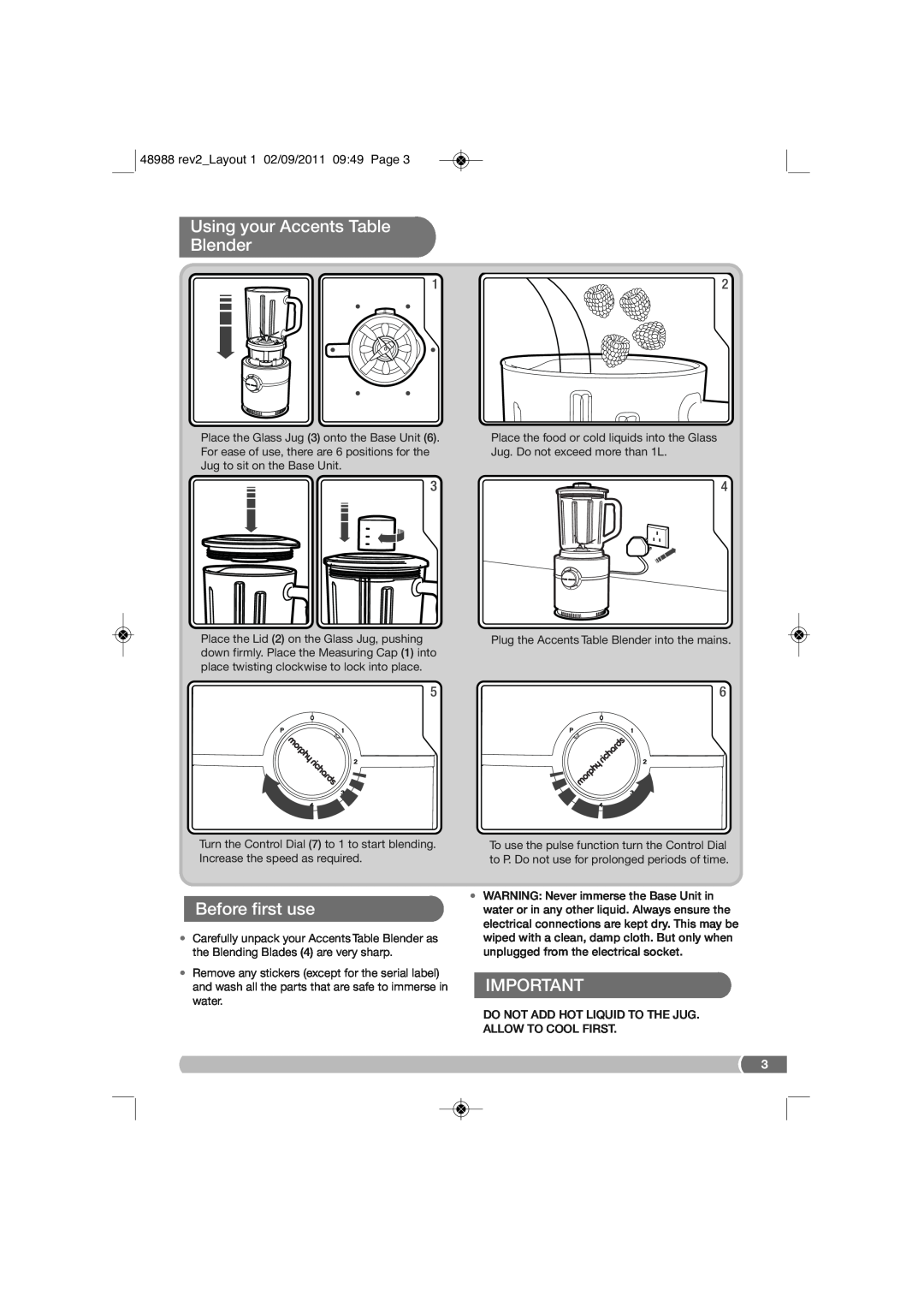 Morphy Richards FP48988 manual Using your Accents Table Blender, Before first use, 48988 rev2Layout 1 02/09/2011 0949 Page 