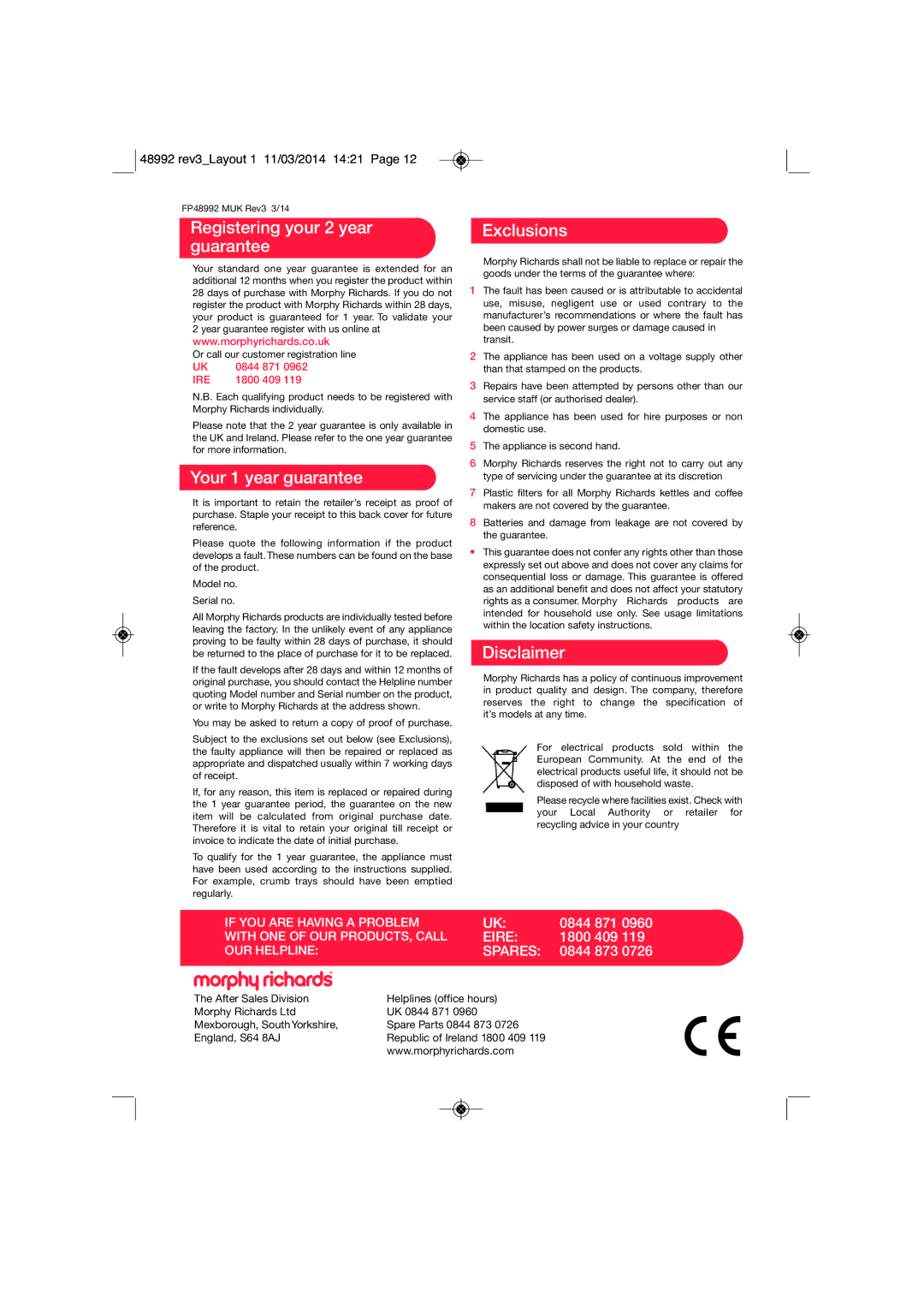 Morphy Richards FP48992 manual Registering your 2 year guarantee, Your 1 year guarantee, Exclusions, Disclaimer 