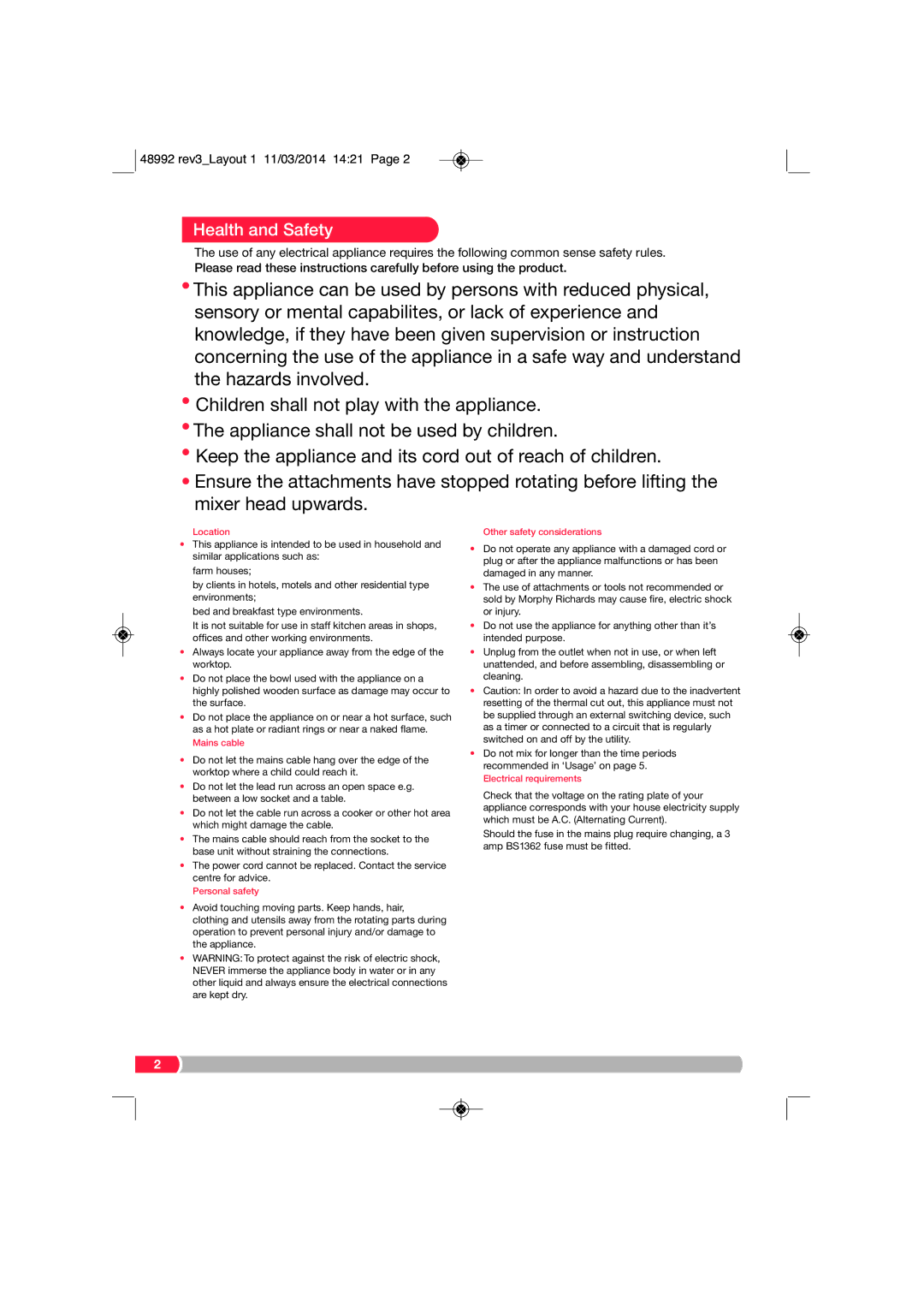 Morphy Richards FP48992 manual Health and Safety 