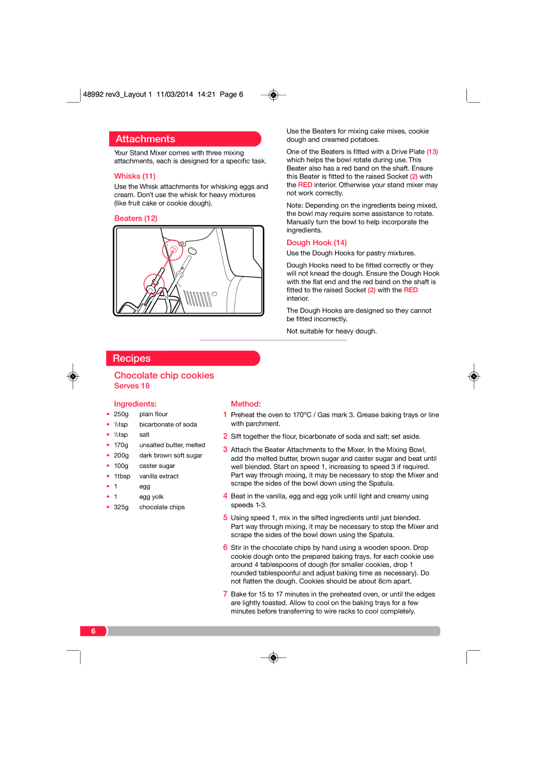 Morphy Richards FP48992 manual Attachments, Recipes, Chocolate chip cookies 