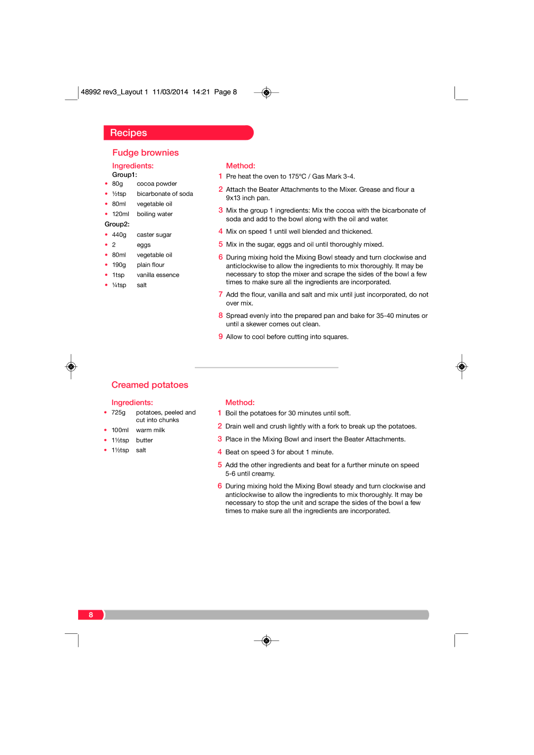 Morphy Richards FP48992 manual Fudge brownies, Creamed potatoes 