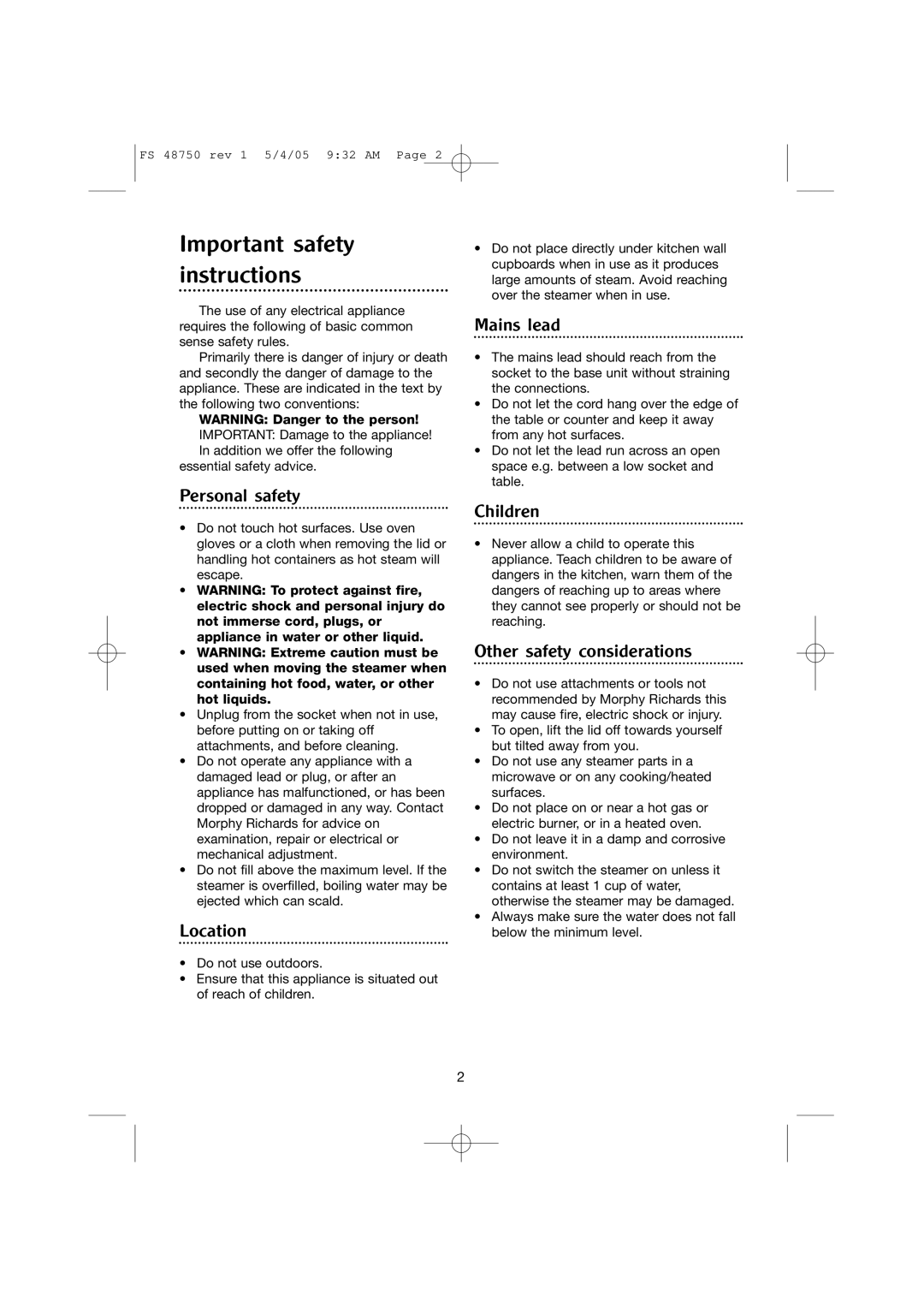 Morphy Richards FS 48750 manual Important safety instructions 