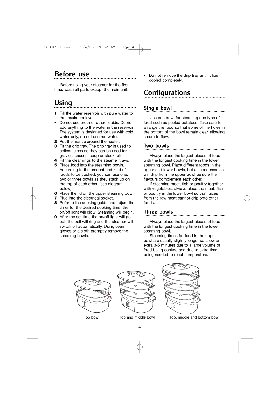 Morphy Richards FS 48750 manual Before use, Using, Configurations 