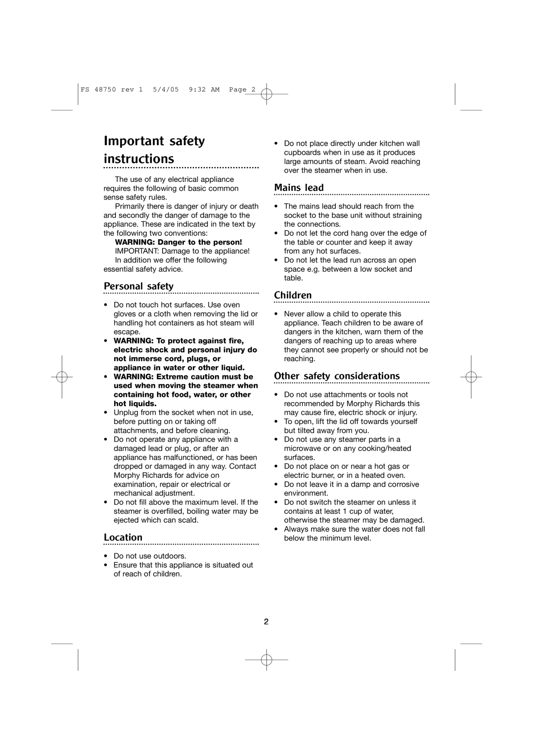 Morphy Richards FS 48750 manual Important safety instructions, Personal safety, Location, Mains lead, Children 