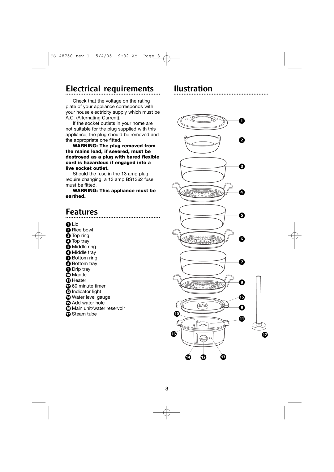 Morphy Richards FS 48750 manual Electrical requirements, Ilustration, Features, ⁄ ¤ ‹ › ﬁ ﬂ ‡ · Ë ‚ ‰ Í, Á Â Ê 