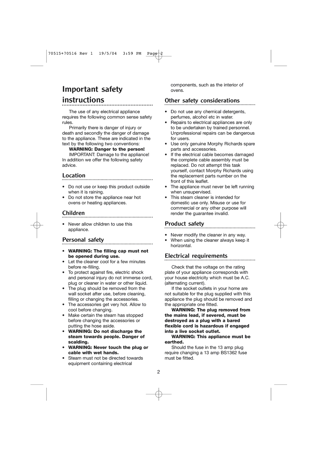 Morphy Richards GrimeBuster steam cleaner manual Important safety instructions 