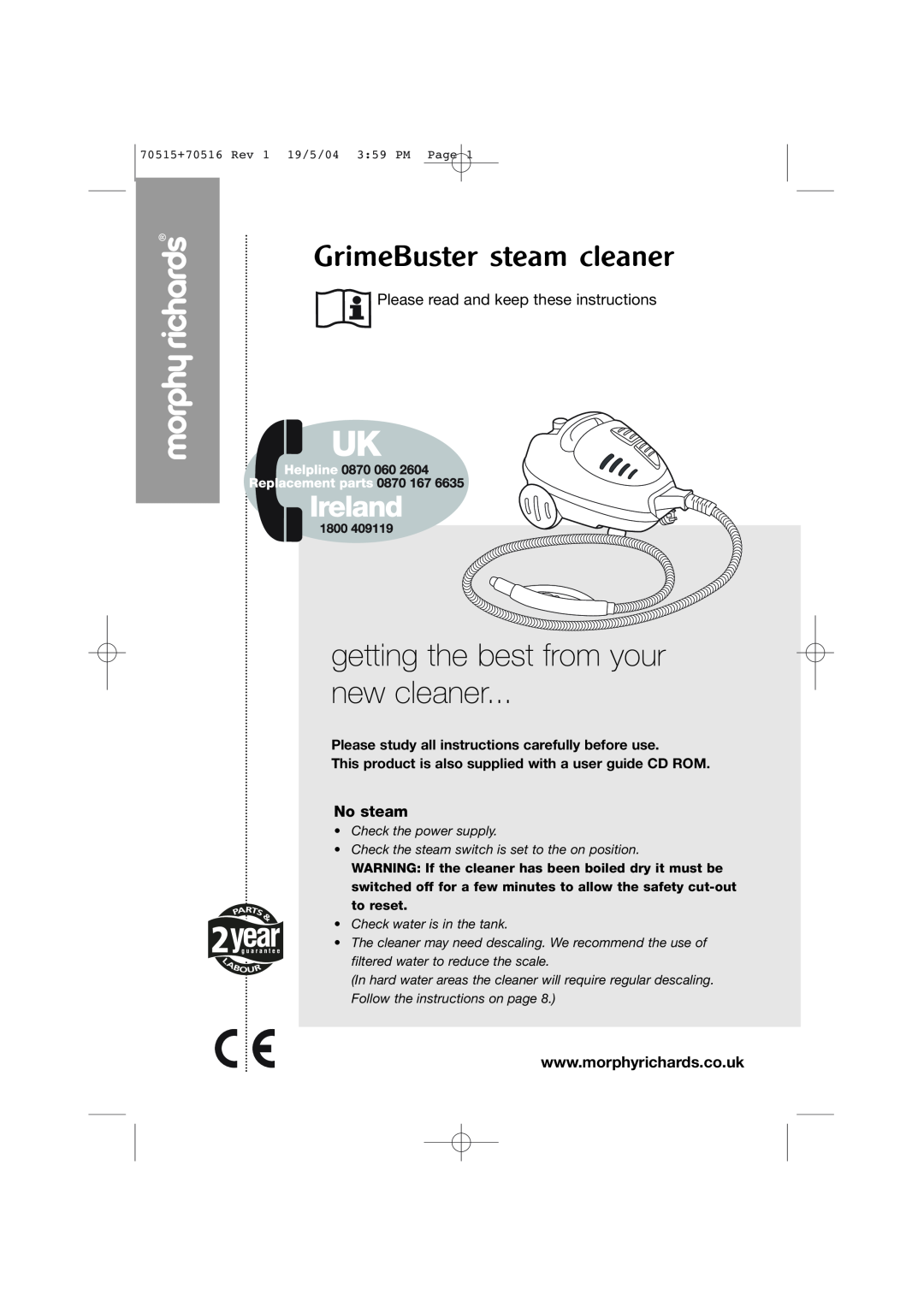 Morphy Richards GrimeBuster steam cleaner manual No steam, getting the best from your new cleaner 