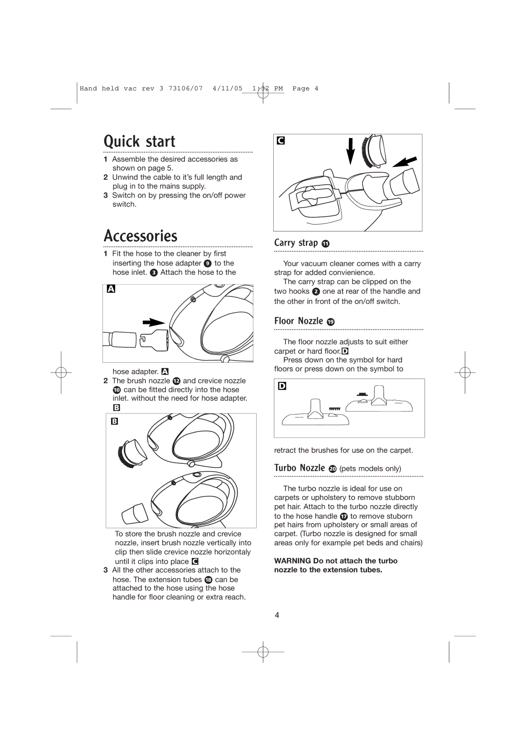 Morphy Richards Hand held vacuum cleaner manual Quick start, Accessories, Carry strap ‰, Floor Nozzle Ï 