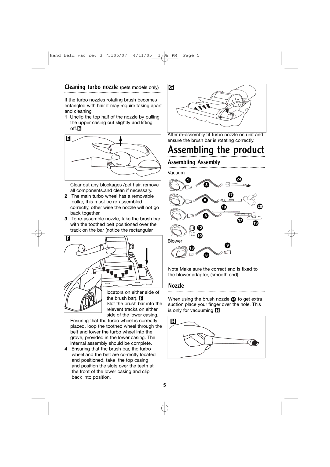 Morphy Richards Hand held vacuum cleaner manual Assembling the product, Cleaning turbo nozzle pets models only 