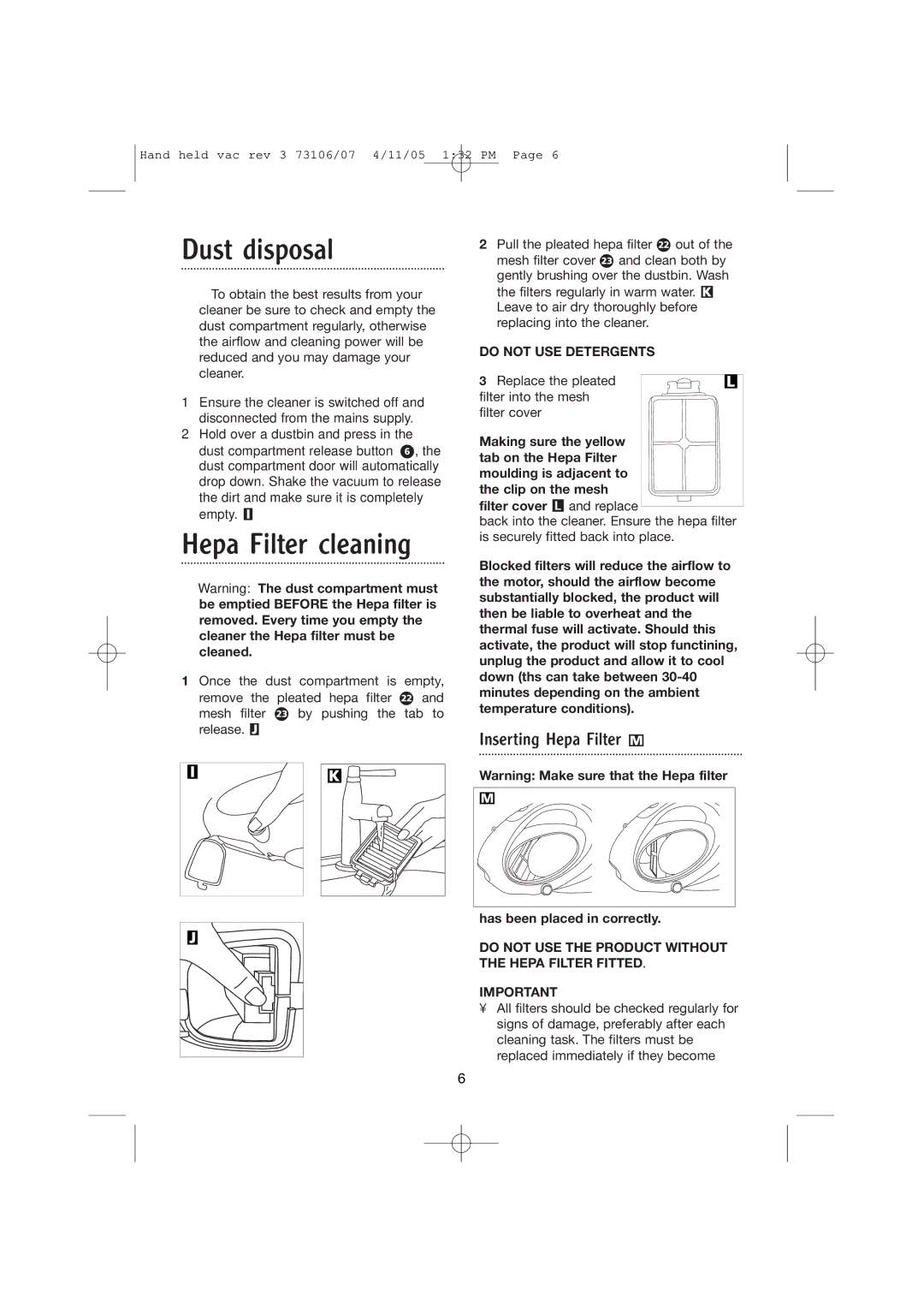 Morphy Richards Hand held vacuum cleaner manual Dust disposal, Hepa Filter cleaning, Inserting Hepa Filter M 