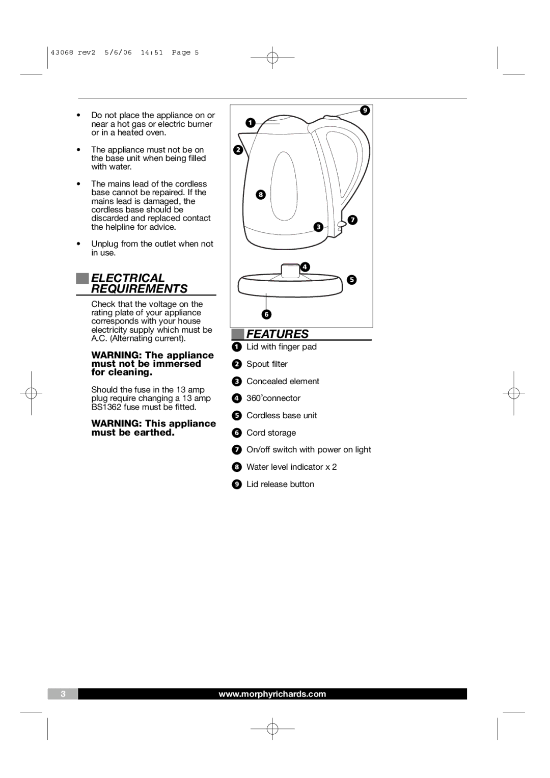 Morphy Richards Hot Beverage Maker warranty Electrical Requirements, Features 