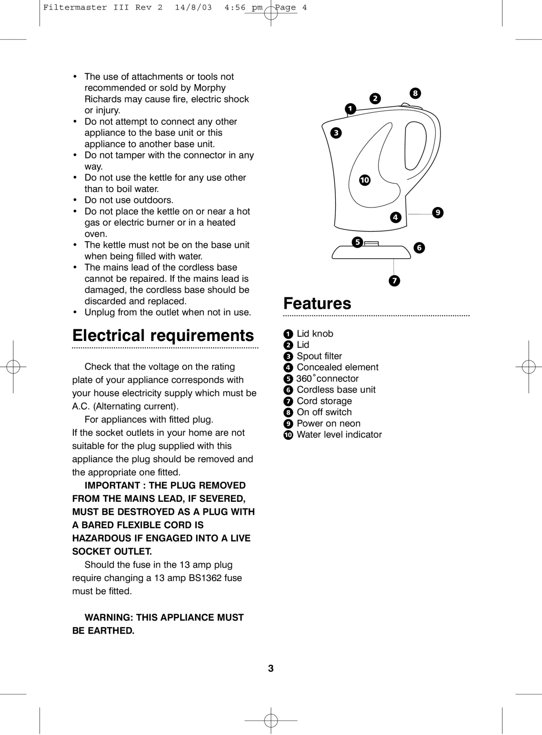 Morphy Richards III manual Electrical requirements, Features 