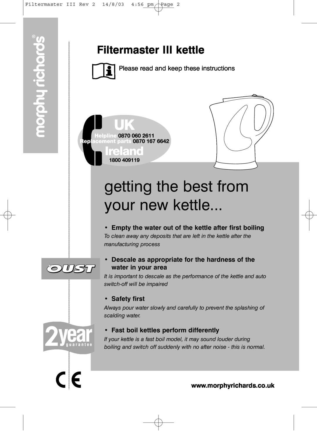 Morphy Richards manual getting the best from your new kettle, Filtermaster III kettle, Safety first 