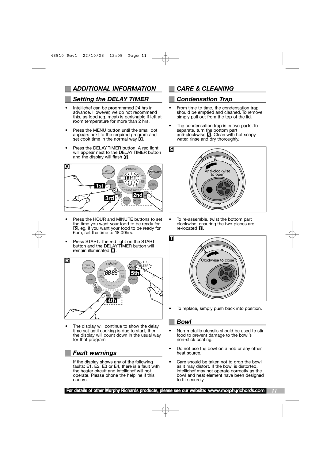 Morphy Richards Intellichef manual Additional Information Care & Cleaning, Setting the Delay Timer Condensation Trap, Bowl 