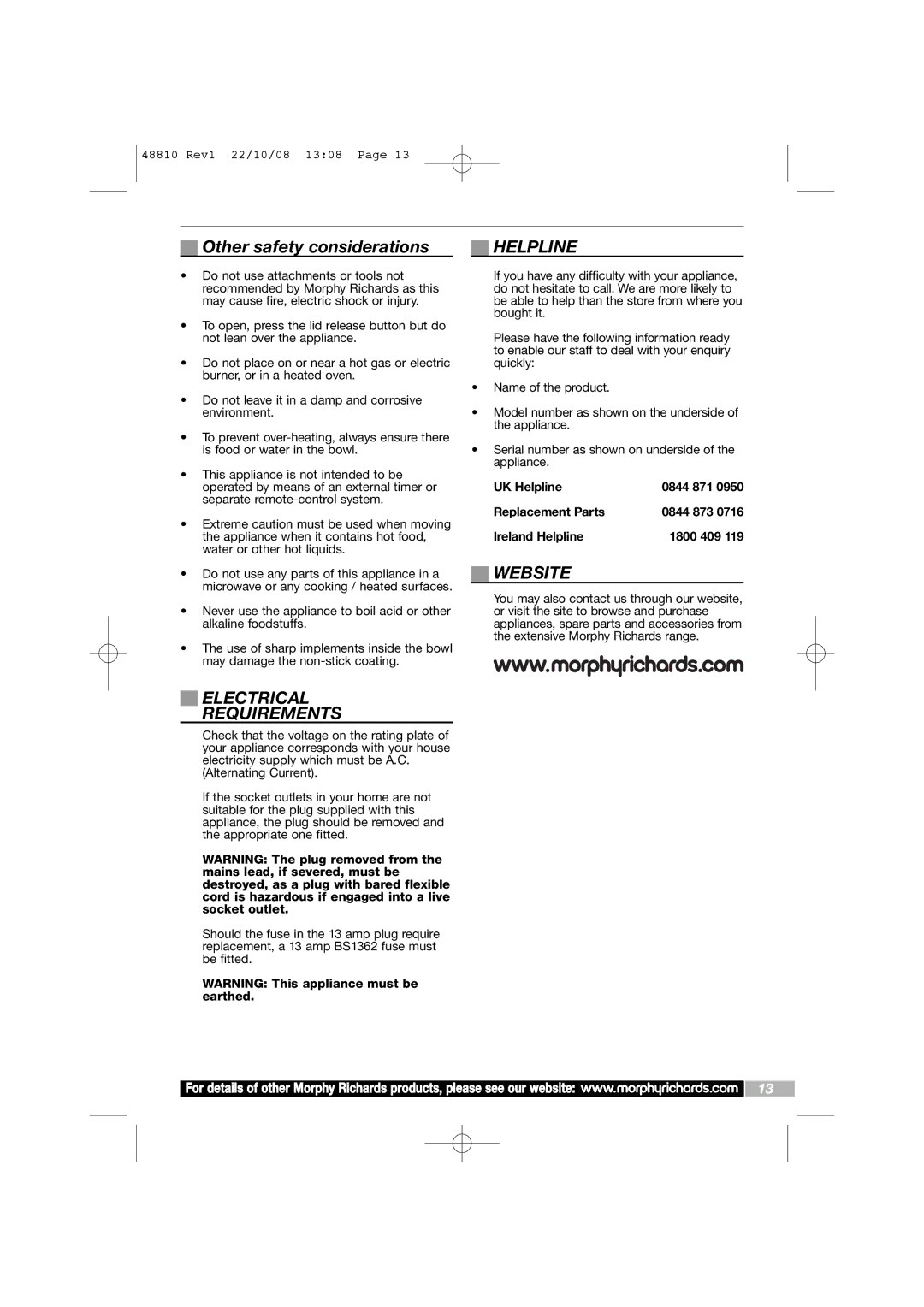 Morphy Richards Intellichef manual Other safety considerations, Helpline, Electrical Requirements, Website 