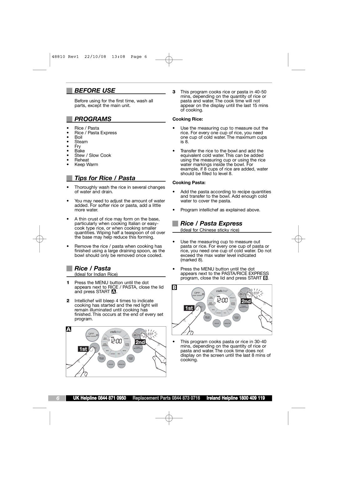 Morphy Richards Intellichef manual Before USE, Programs, Tips for Rice / Pasta, Rice / Pasta Express 