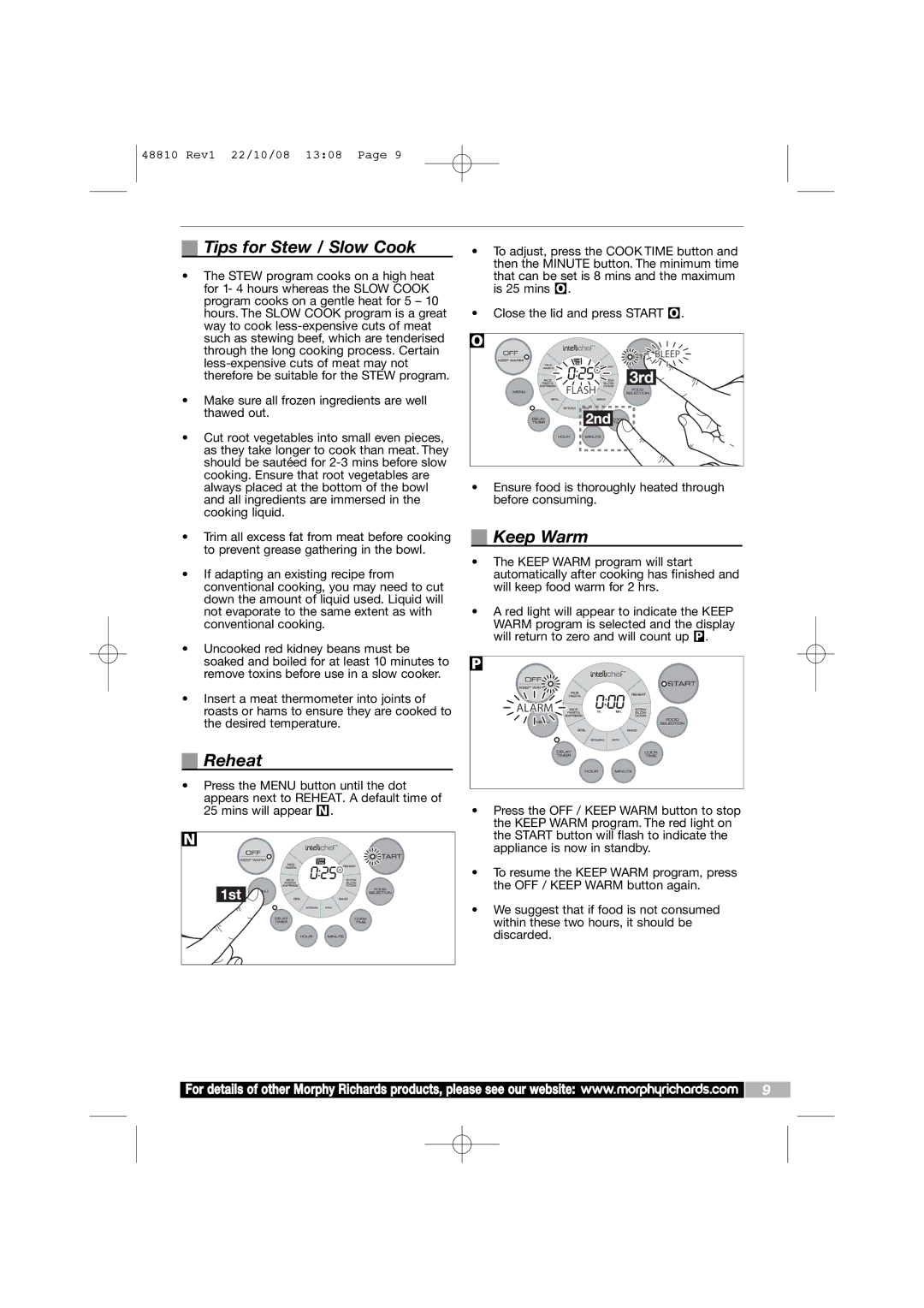 Morphy Richards Intellichef manual Tips for Stew / Slow Cook, Reheat, Keep Warm 