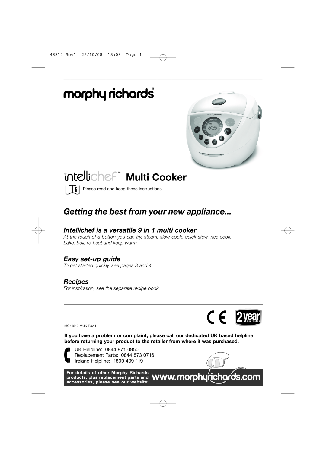 Morphy Richards Intellichef manual Multi Cooker, Getting the best from your new appliance, Easy set-upguide, Recipes 