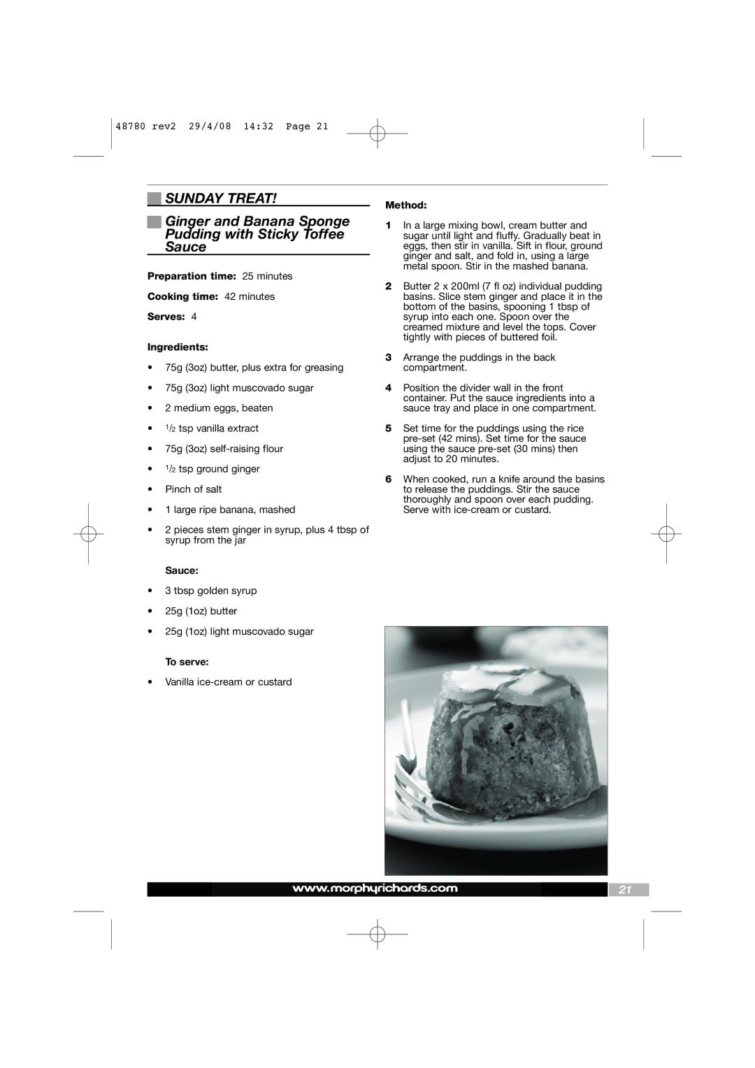 Morphy Richards Intellisteam setup guide Sunday Treat, Ginger and Banana Sponge Pudding with Sticky Toffee Sauce, To serve 