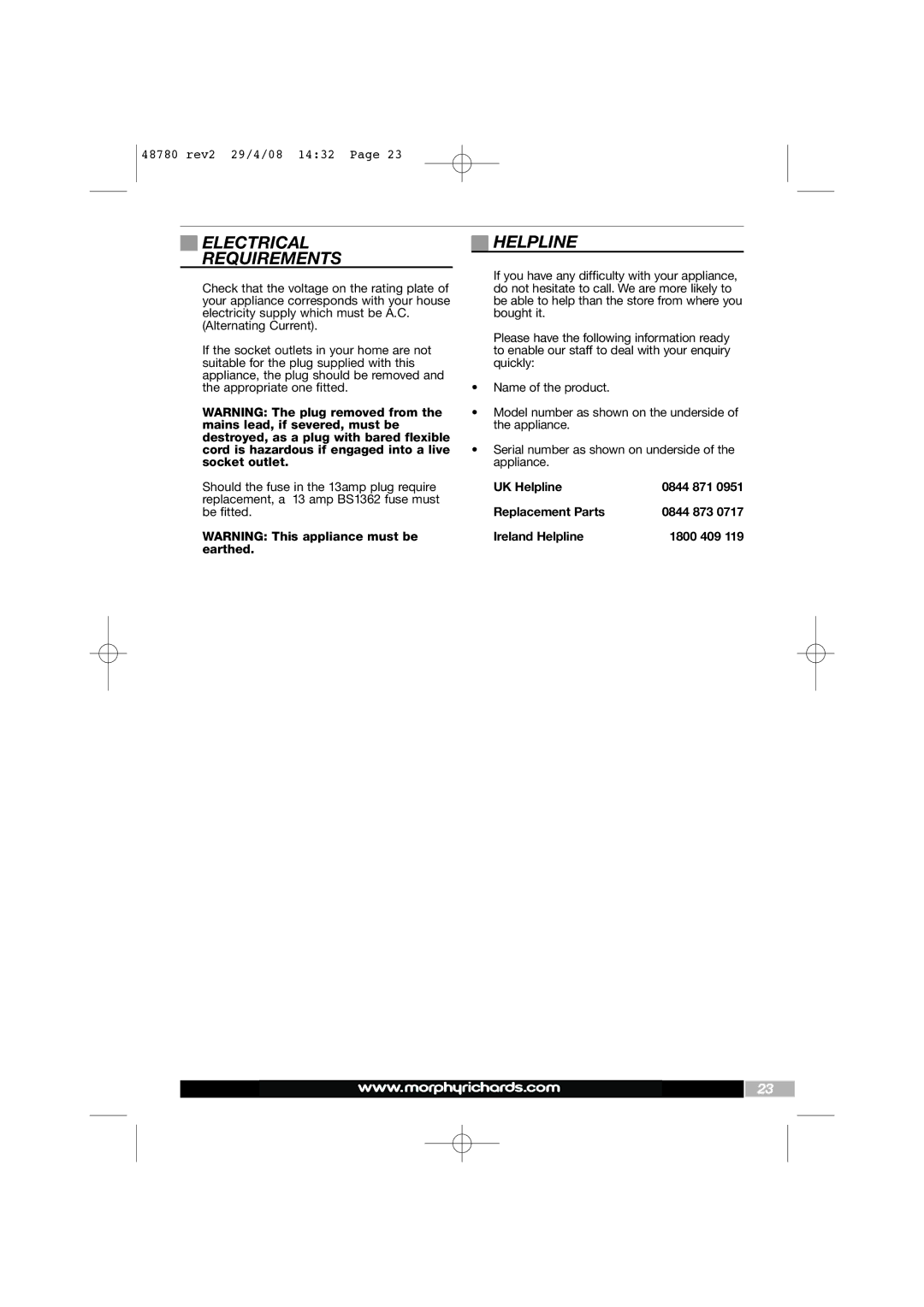 Morphy Richards Intellisteam setup guide Electrical Requirements, Helpline 