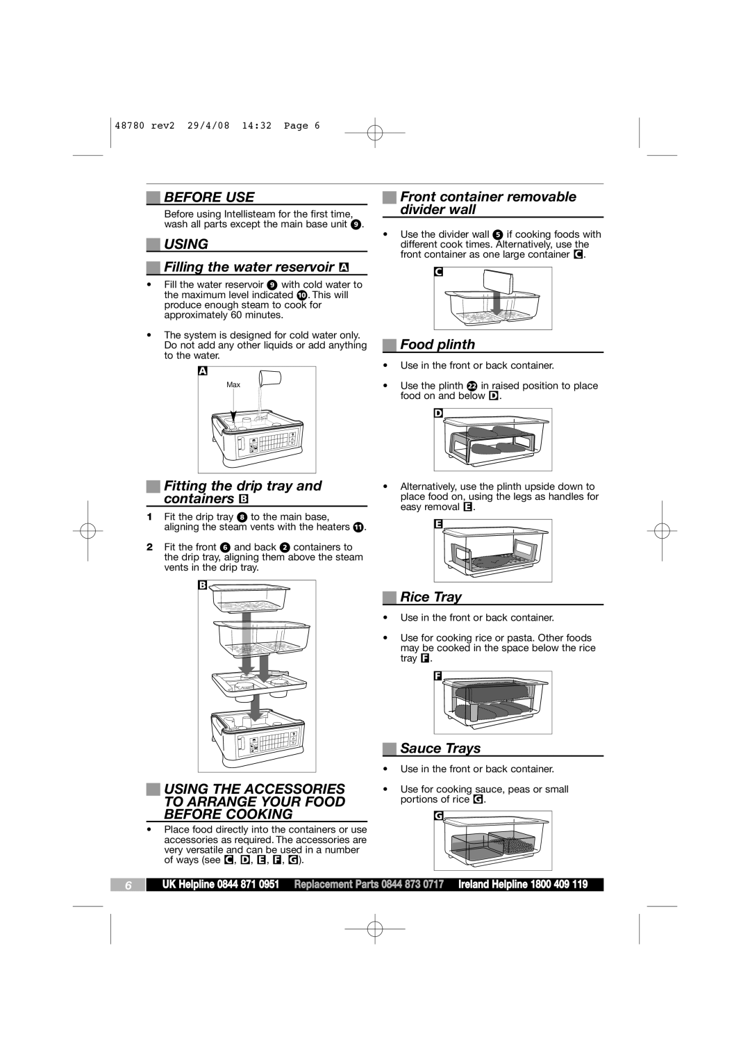 Morphy Richards Intellisteam setup guide Before USE, Using the Accessories, To Arrange Your Food, Before Cooking 