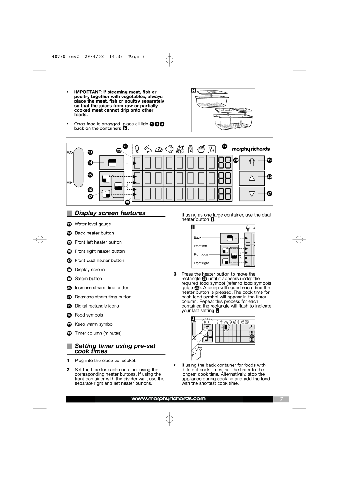 Morphy Richards Intellisteam setup guide Display screen features, Setting timer using pre-set cook times 