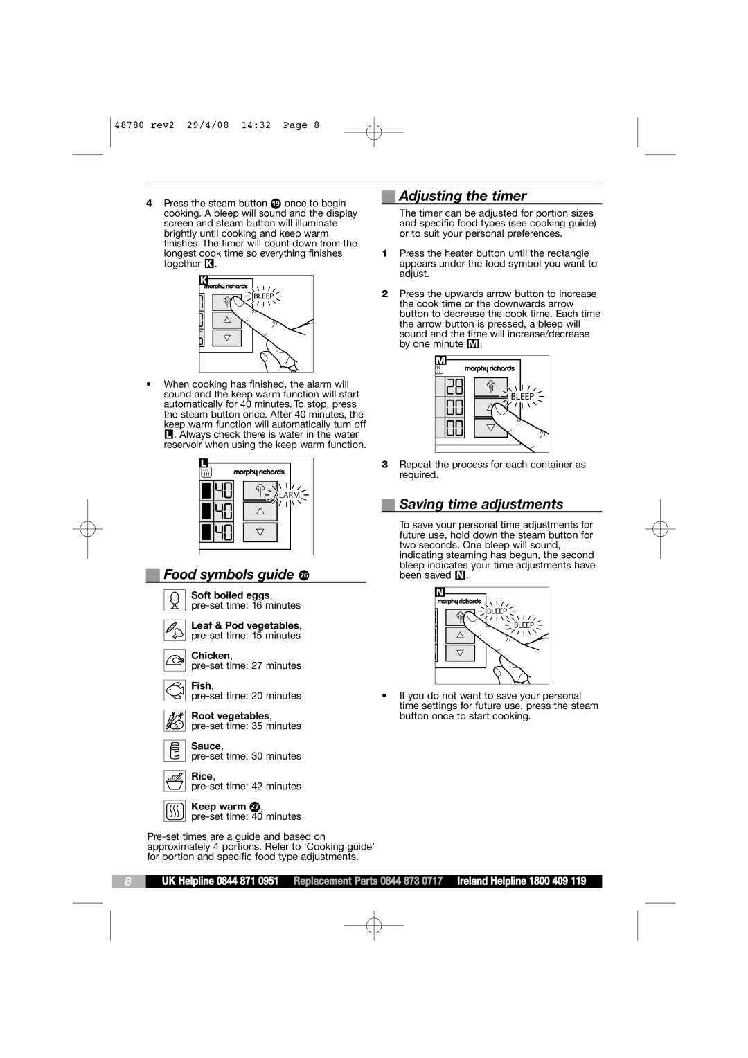 Morphy Richards Intellisteam setup guide Food symbols guide ó, Adjusting the timer, Saving time adjustments 