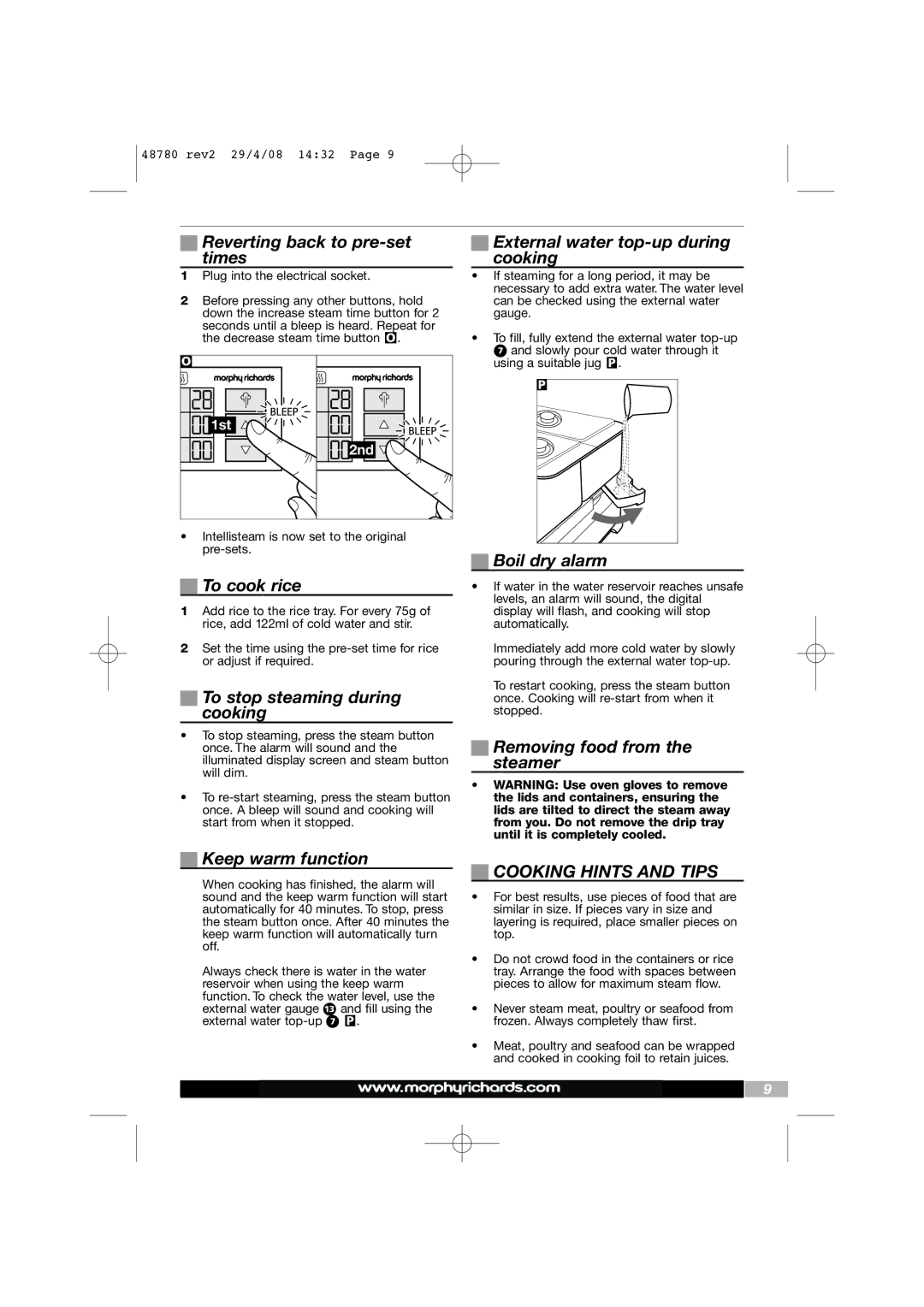 Morphy Richards Intellisteam setup guide Cooking Hints and Tips 