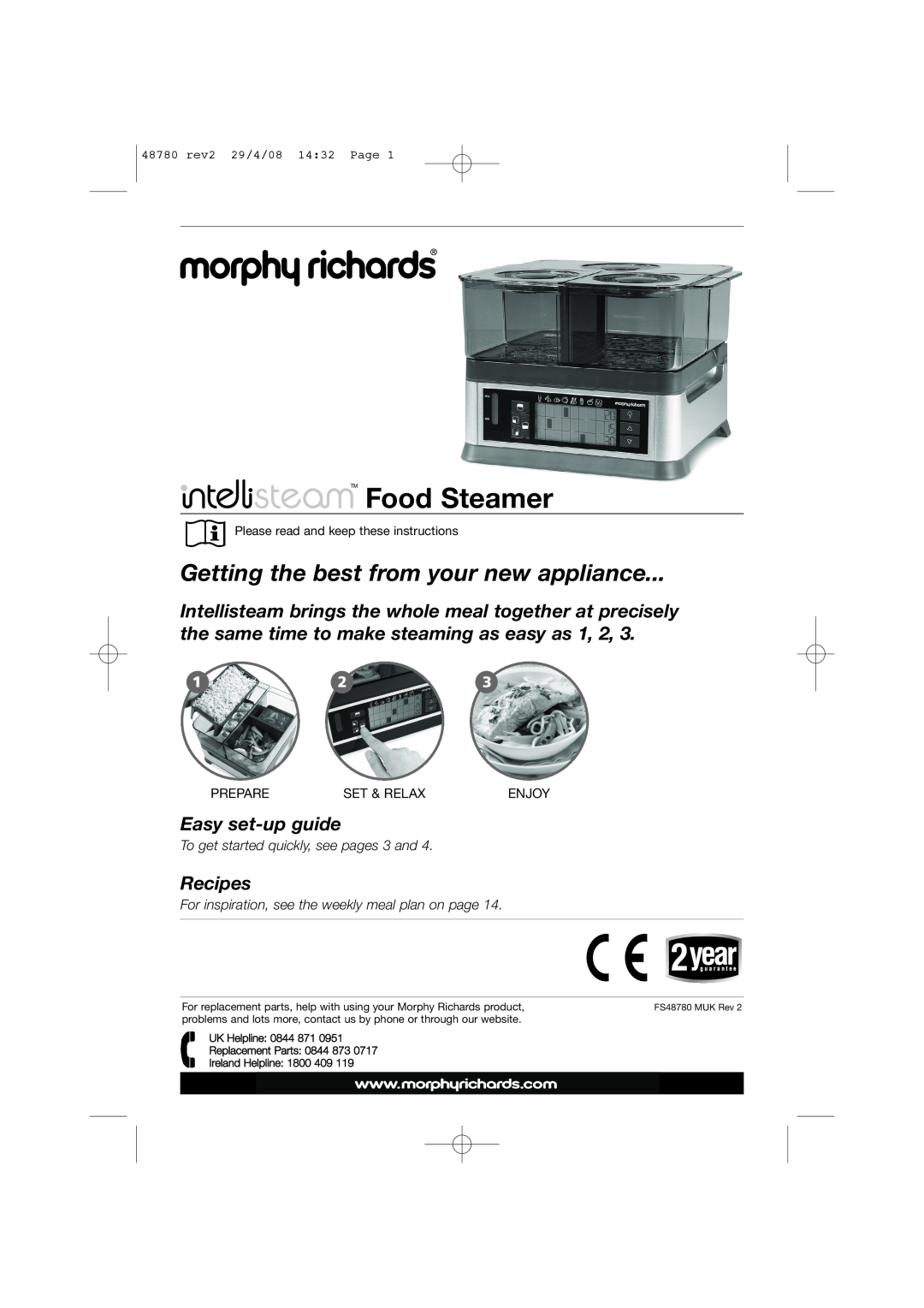 Morphy Richards Intellisteam setup guide TM Food Steamer, Getting the best from your new appliance, Ú Û Ü, Recipes 