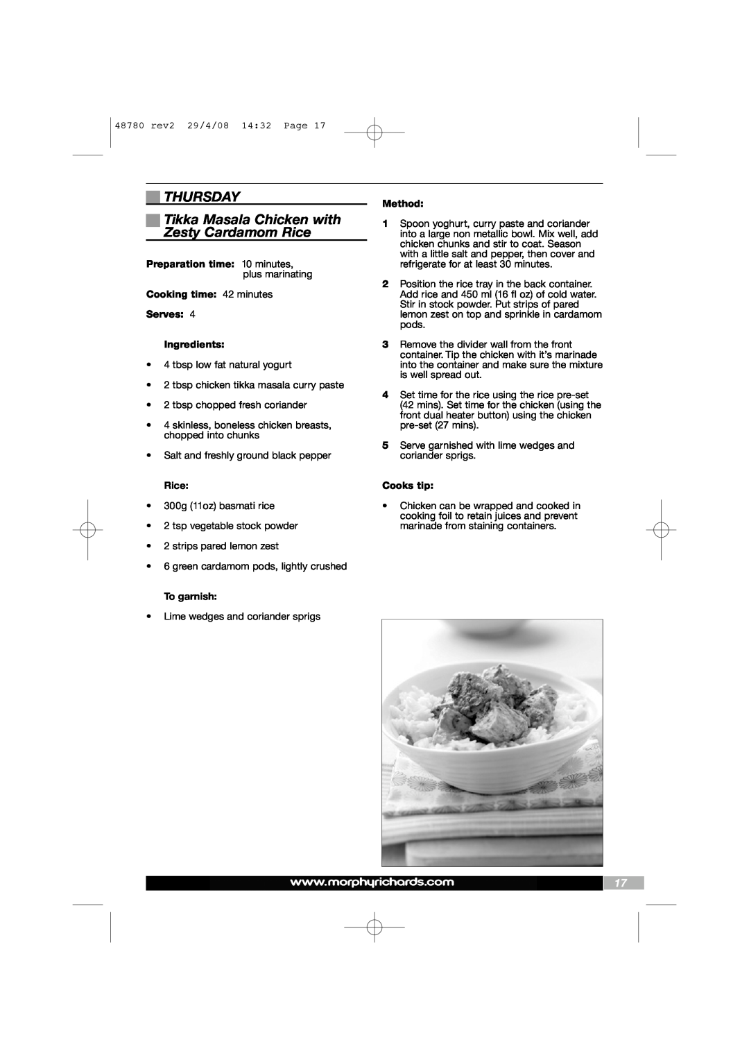 Morphy Richards Intellisteam setup guide THURSDAY Tikka Masala Chicken with Zesty Cardamom Rice, To garnish 