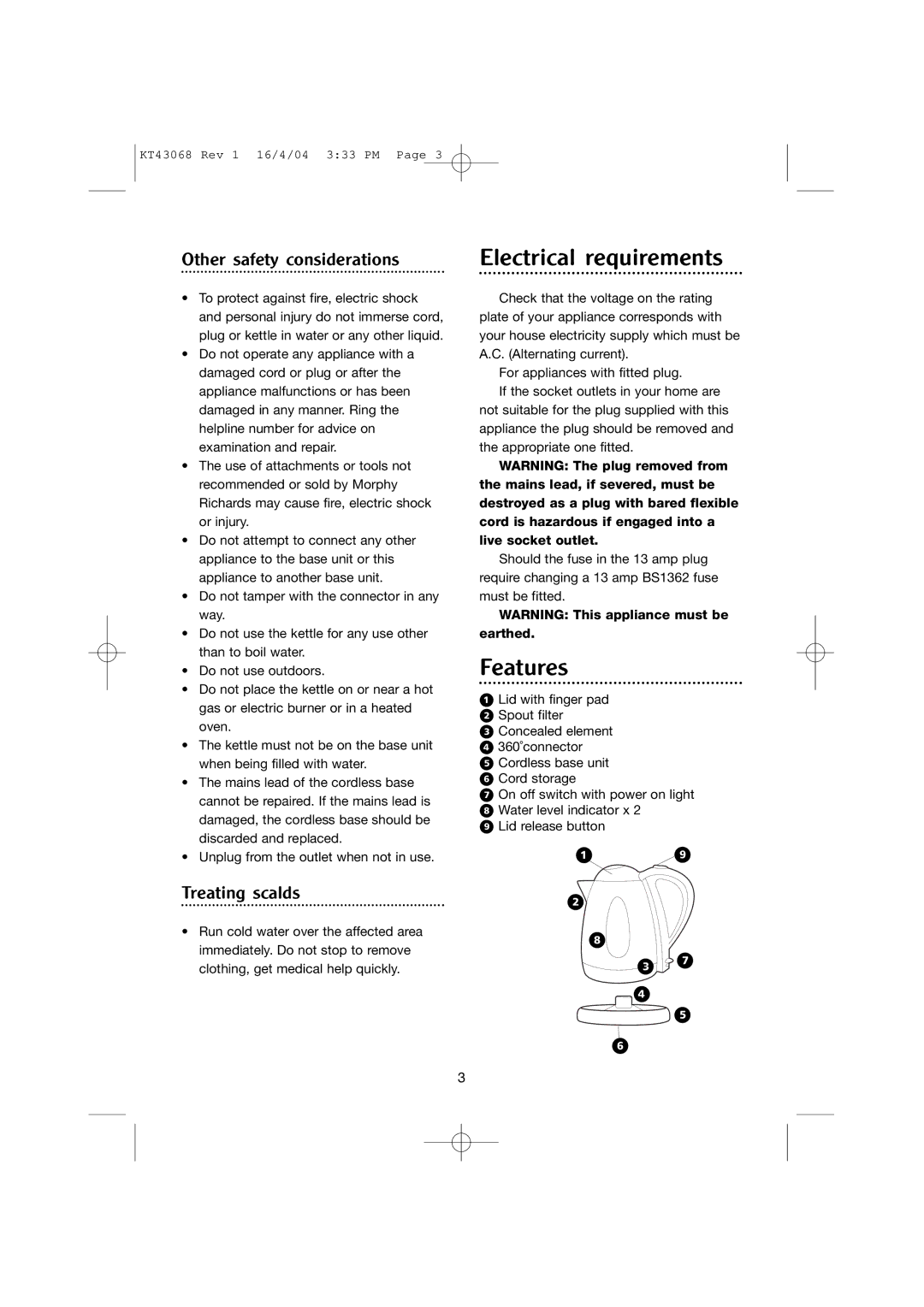 Morphy Richards Jug Kettle manual Electrical requirements, Features 