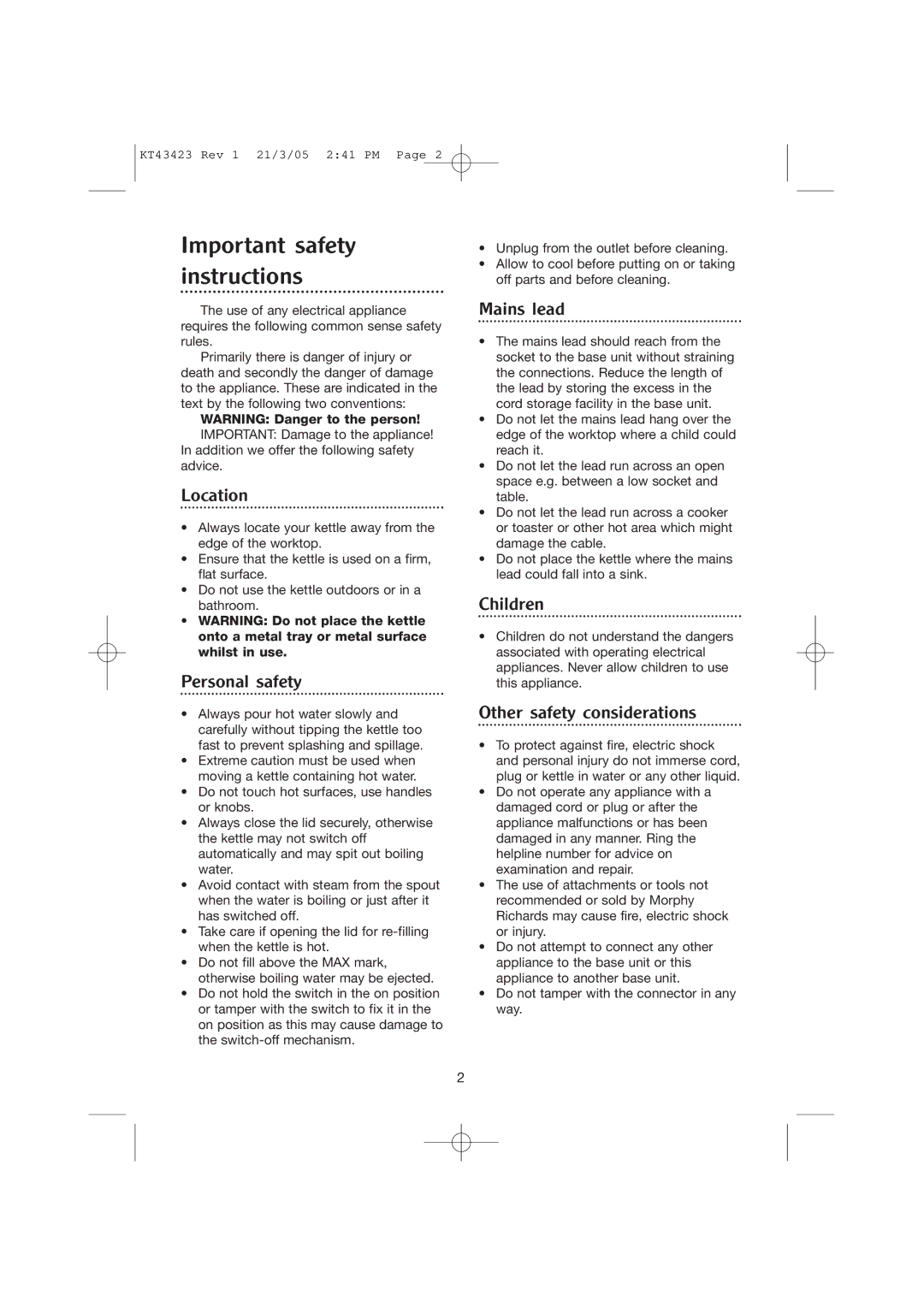 Morphy Richards Kettle manual Important safety instructions 