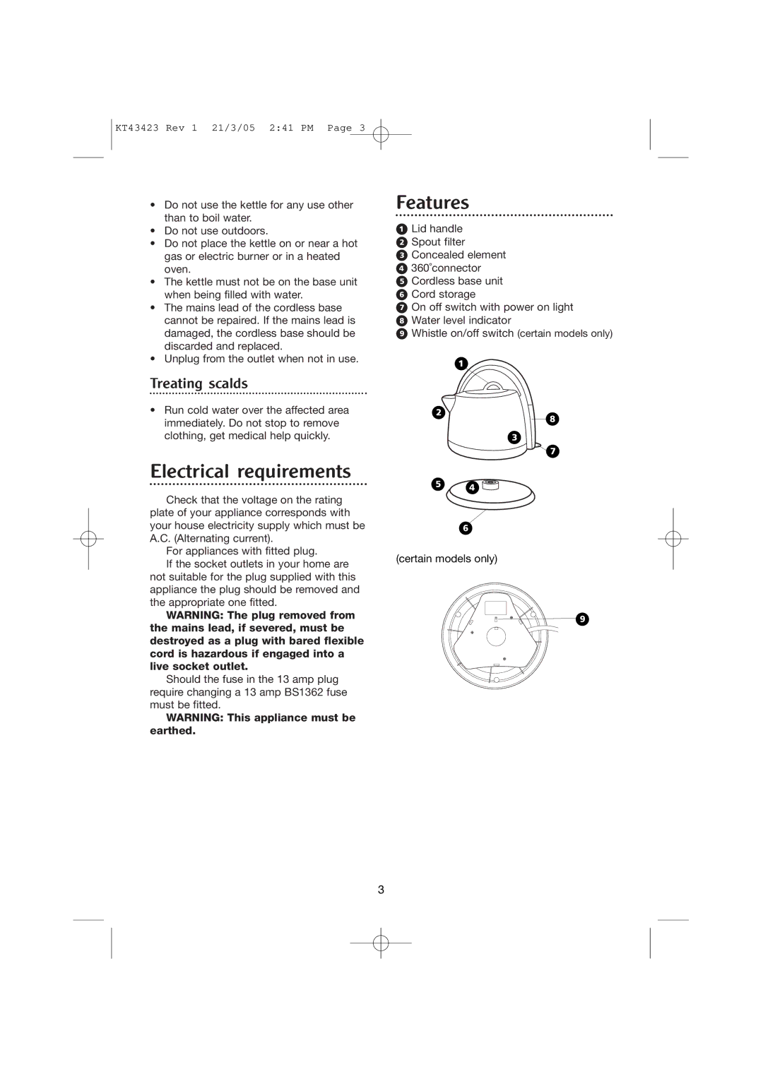 Morphy Richards Kettle manual Electrical requirements, Features, Treating scalds 