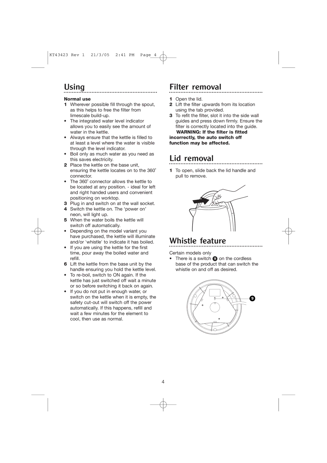 Morphy Richards Kettle manual Using, Filter removal, Lid removal, Whistle feature 