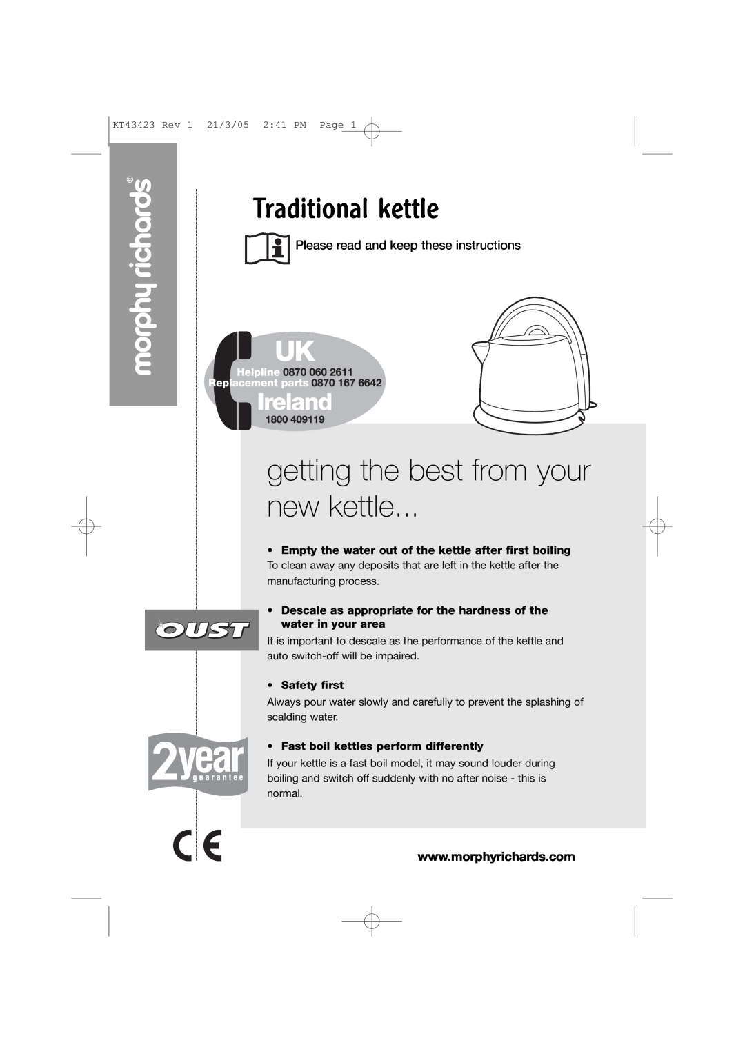 Morphy Richards Kettle manual Traditional kettle, getting the best from your new kettle, Safety first 